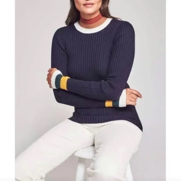 Faherty Sweaters - Faherty Womens Ribbed Black Retro Stripe Turtleneck Size Large Cashmere Blend